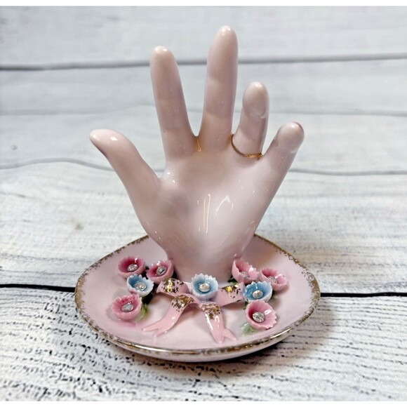 Vtg LEFTON Porcelain Pink HAND Figurine Display RING HOLDER Trinket Floral 3.5" - Picture 1 of 6